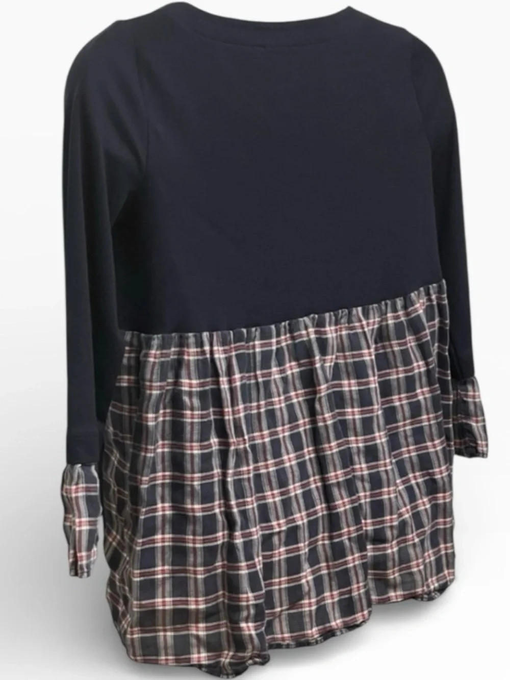 LOFT Navy Mixed Media Tunic Top XS Plaid Contrast Trim Long Sleeve Peplum Blouse - Picture 3 of 5